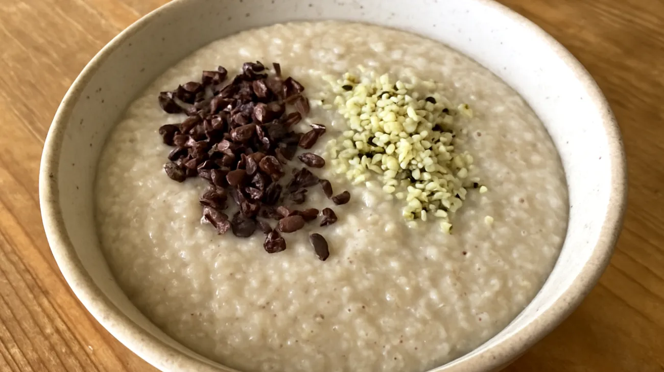Amaranth-Porridge mit Kakao-Nibs und Hanfsamen"