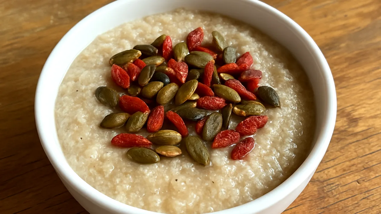 Amaranth-Porridge mit gerösteten Kürbiskernen und Goji-Beeren"
