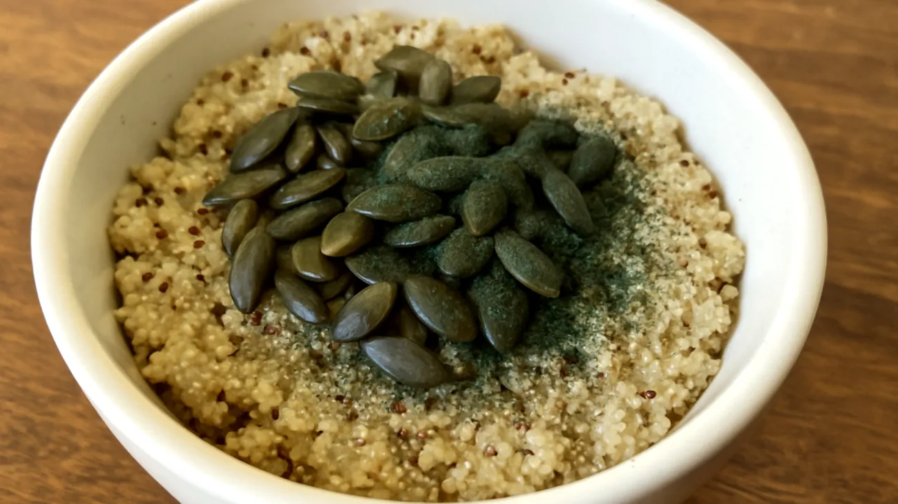 Amaranth-Quinoa-Bowl mit gerösteten Kürbiskernen und Spirulina"