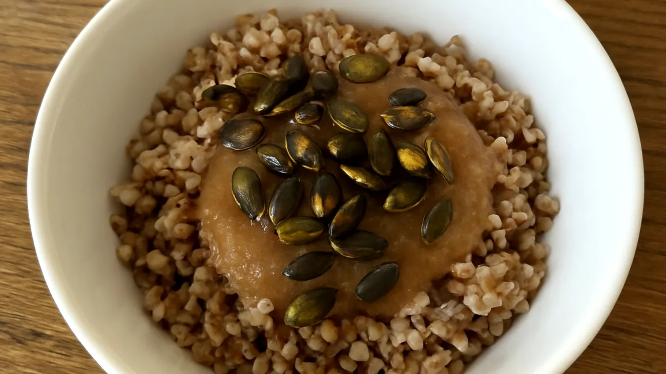Buchweizen-Porridge mit gerösteten Kürbiskernen und Apfelmus"