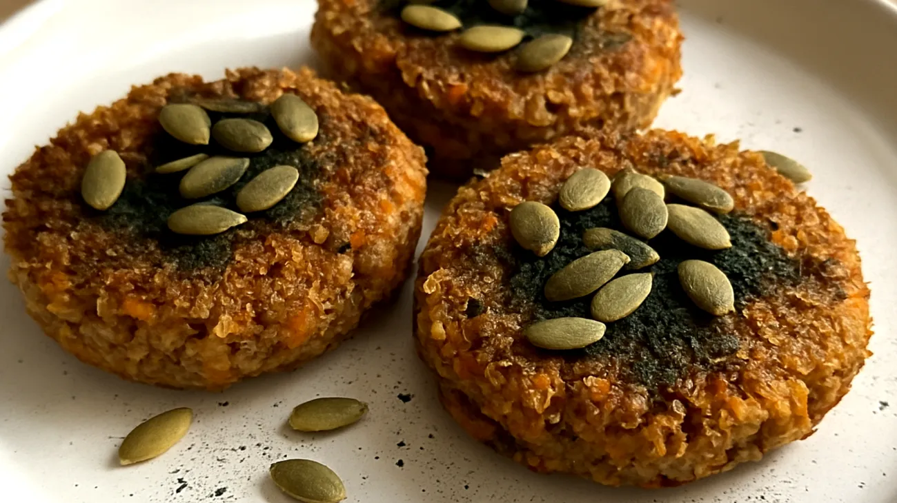 Quinoa-Süßkartoffel-Patties mit Kürbiskernen und Spirulina"