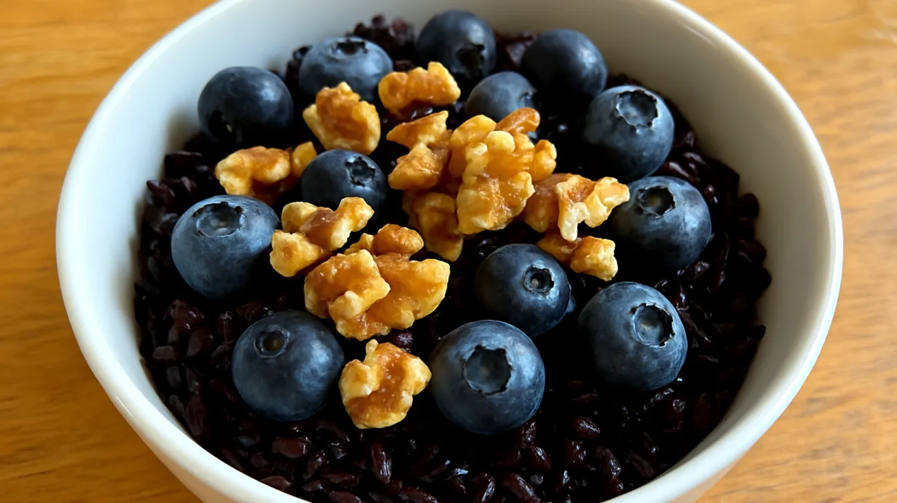 Schwarzer Reis (Venere-Reis) mit gerösteten Walnüssen und Blaubeeren"